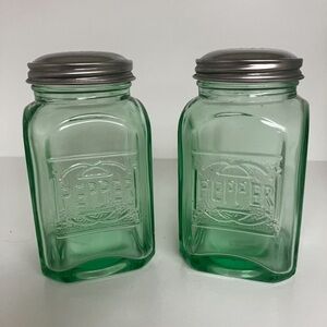 Nostalgic Green Glass Pepper Shakers with Silver Lids New